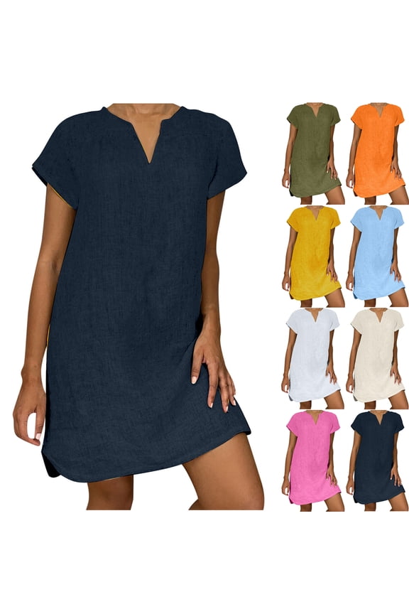 Breathable Plus Size Solid Color Loose V Neck Short Sleeve Shift Dress For Women Summer Resort Wear Comfortable Dresses For Women Athletic Casual Dresses Short Summer Dresses For Women