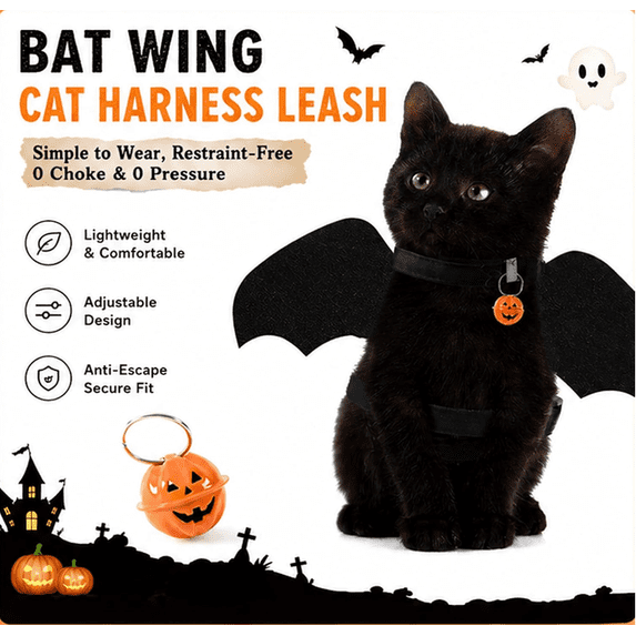 Breathable Polyester Bat Wing Pet Harness, Matching Leash Included Adjustable Cat Dog Halloween(Black S)