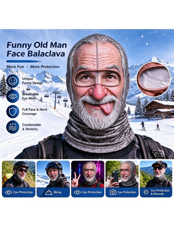 Breathable Printed Balaclava, 14 x 14 Inch Stretchy Cloth, Windproof Full Coverage for Motorcycle Riding, Cycling, Skiing, Bearded Man Design - Multicolor