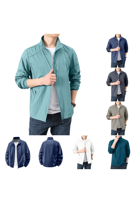 Breathable Quick Dry Windbreaker Jacket for Men, Lightweight Water-Resistant Stand Collar Coat with Zippered Side Pockets for All Occasions Light Blue XL