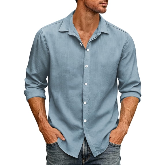 Breathable Retro Button Down Shirt for Men Loose Fit Long Sleeve Casual Top Out Commute Lightweight Workwear Light Blue S