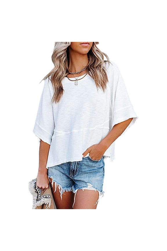 Breathable Round Neck Blouse Flowy Styles Polyester Cotton Blend Fabric Solid Color Loose Women's Casual Wear Top