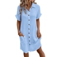 thumbnail image 1 of Breathable Short Sleeve Lapel Neck Cotton Dress Women Casual Loose Beachwear with Pockets, 1 of 9