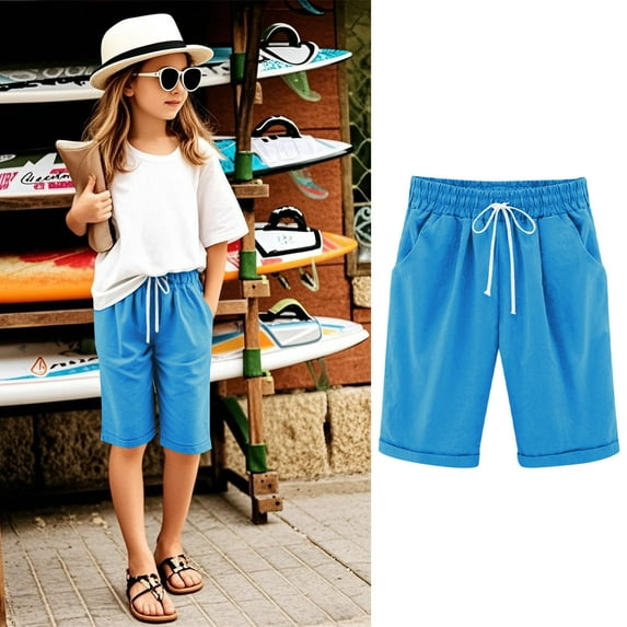 Breathable Shorts for Girls 14-16 KkSLirnhs Children's Summer Solid Elastic Waistband Pocket Casual Sports Five Quarter Pants for Kids 5-6Years Blue