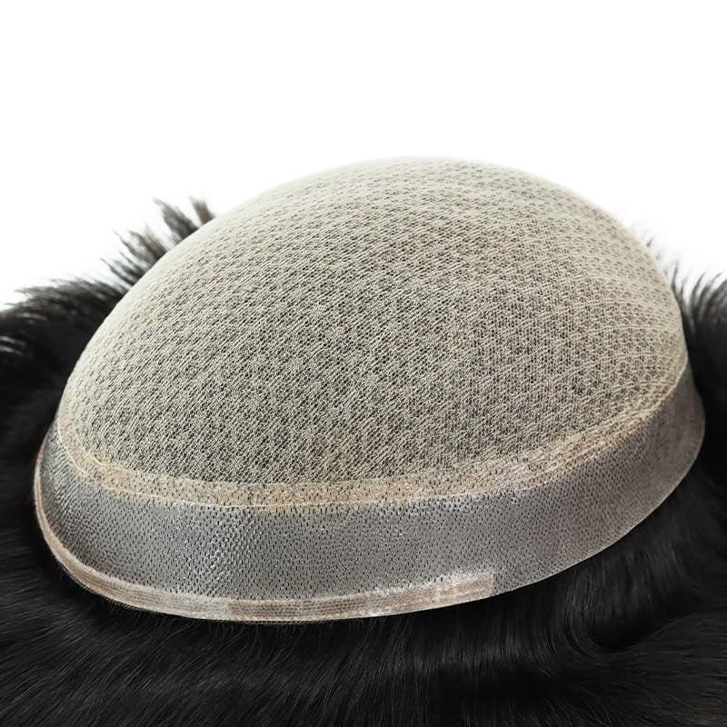 Breathable Silk Base Mens Toupee Injection Skin 0.1-0.12mm with Diamond Net in Body Hair Replacement Human Hair System Natural Black Wig Straight Hair