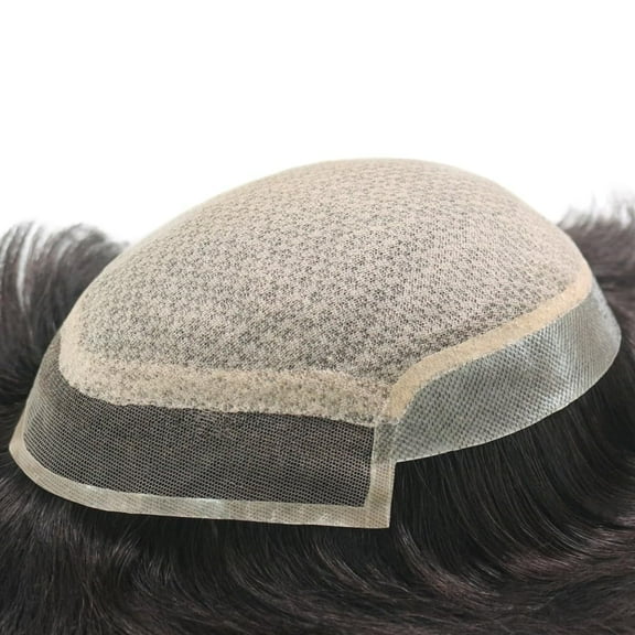 Breathable Silk Top Center with French Lace Front Mens Toupee Hair Replacement Human Hair System Natural Black Wig Straight