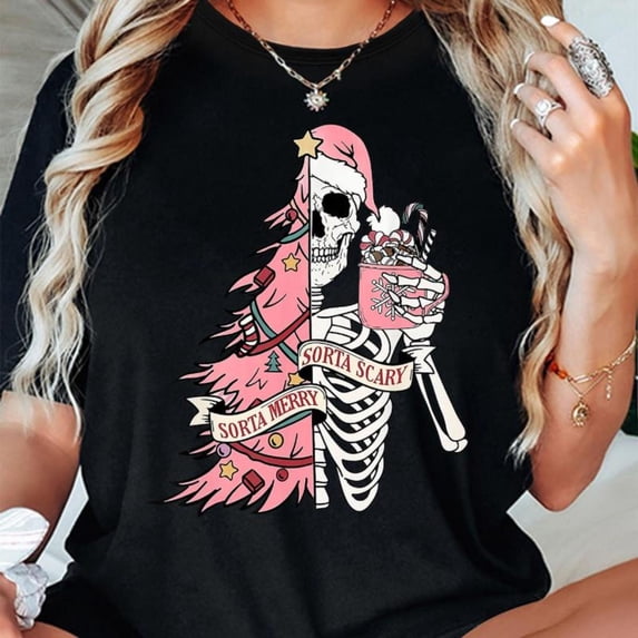 Breathable Skeleton Mermaid Christmas Graphic Tee T Shirt Top Short Sleeve Round Neck Black S-5XL