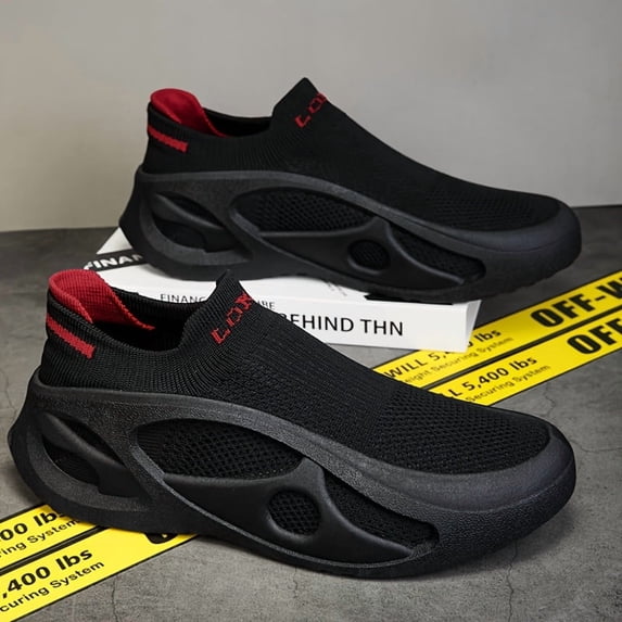 Breathable Slip-On Casual Sneakers for Men & Women - Lightweight Comfortable Walking Shoes with TPR Sole, EVA Cushion & Ventilated Mesh Design - All-Season Gym, Running, Daily Wear (Black/Red), Sleek