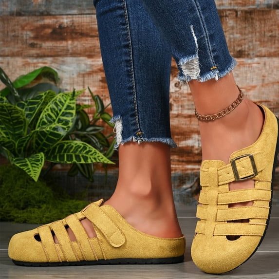 Breathable Slip On Shoes, Women's Cork Footbed Clogs Mules, Vintage Suede Leather Closed Toe Slide Sandals, Adjustable Buckle Slip-On Slippers for Summer Outdoor Indoor, Yellow US-5.5/EU-36