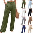 thumbnail image 1 of Breathable Soft Linen Pants for Women Wide Leg Straight Button Trousers High Waisted Pleated Front with Pockets Daily Wear Summer Fashion Slacks, #02 Army Green, XL, 1 of 6