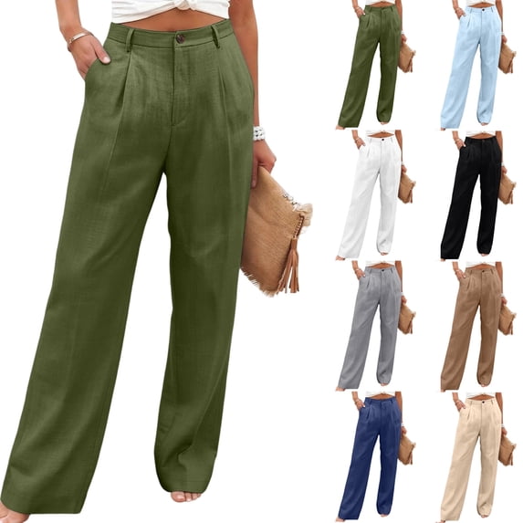 Breathable Soft Linen Pants for Women Wide Leg Straight Button Trousers High Waisted Pleated Front with Pockets Daily Wear Summer Fashion Slacks, #02 Army Green, XL