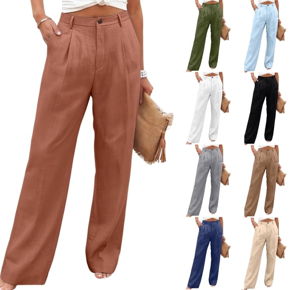 Breathable Soft Linen Pants for Women Wide Leg Straight Button Trousers High Waisted Pleated Front with Pockets Daily Wear Summer Fashion Slacks, #02 Camel, M