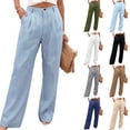 thumbnail image 1 of Breathable Soft Linen Pants for Women Wide Leg Straight Button Trousers High Waisted Pleated Front with Pockets Daily Wear Summer Fashion Slacks, #02 Light Blue, XL, 1 of 6
