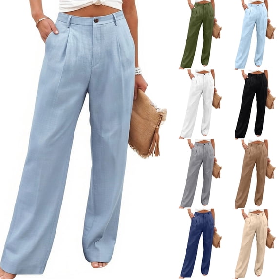 Breathable Soft Linen Pants for Women Wide Leg Straight Button Trousers High Waisted Pleated Front with Pockets Daily Wear Summer Fashion Slacks, #02 Light Blue, XL