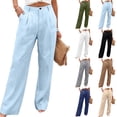 thumbnail image 1 of Breathable Soft Linen Pants for Women Wide Leg Straight Button Trousers High Waisted Pleated Front with Pockets Daily Wear Summer Fashion Slacks, #02 Sky Blue, S, 1 of 6