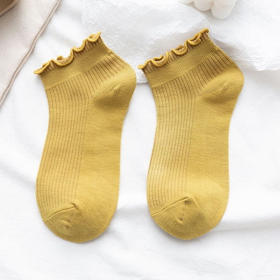 Breathable Spring Summer Super Thin Casual Frilly Ruffle Socks Ankle Short Women's Socks Boat Socks YELLOW