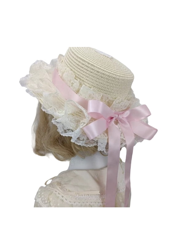Breathable Straw Bonnet Hat Comfortable Victorian Theme Event Hat With Lace Trim and Bowknot For Cosplay Gatherings