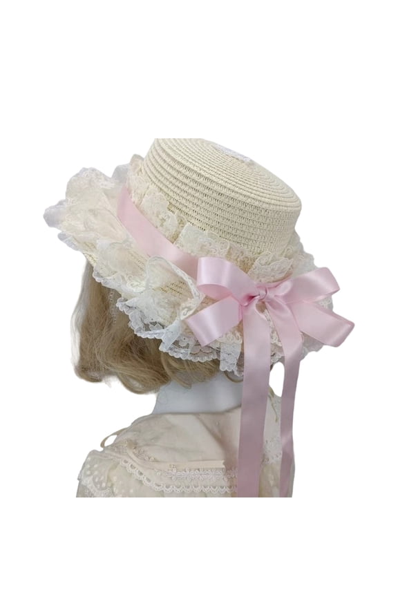 Breathable Straw Bonnet Hat Comfortable Victorian Theme Event Hat With Lace Trim and Bowknot For Cosplay Gatherings