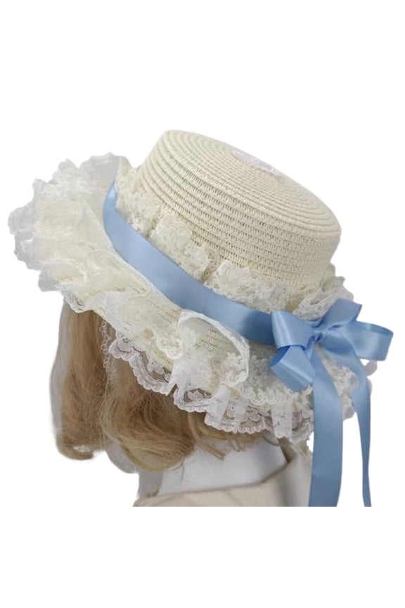 Breathable Straw Bonnet Hat Comfortable Victorian Theme Event Hat With Lace Trim and Bowknot For Cosplay Gatherings