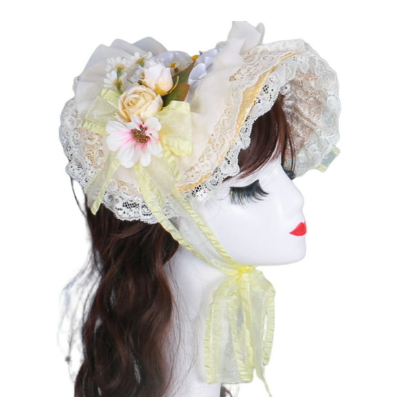 Breathable Straw Bonnet Hat Comfortable Victorian Theme Fascinator Hat With Lace Trim and Flower For Cosplay Gatherings