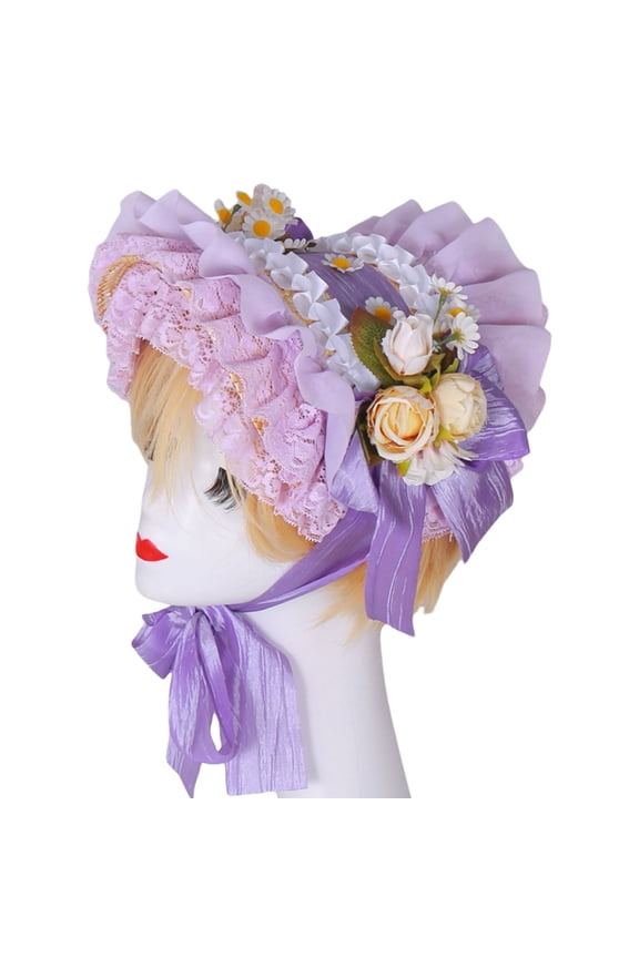 Victorian Lace Designs Straw Bonnet Hat For Women With Ruffled Trim and Rose Flower For Cocktail Party And Cosplay Event