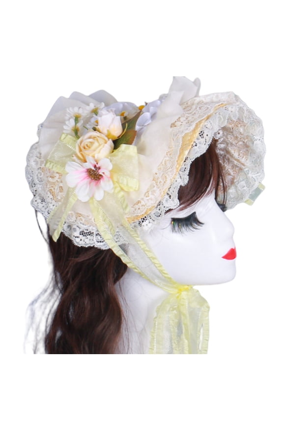 Breathable Straw Bonnet Hat Comfortable Victorian Theme Fascinator Hat With Lace Trim and Flower For Cosplay Gatherings