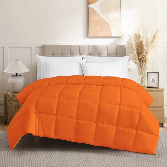Breathable Summer 100 % Pima Cotton 1 Pieces Comforter ( 400 Thread Count ) - 500 GSM Solid Box Pattern Quilt - (Queen 90" x 90", Orange)