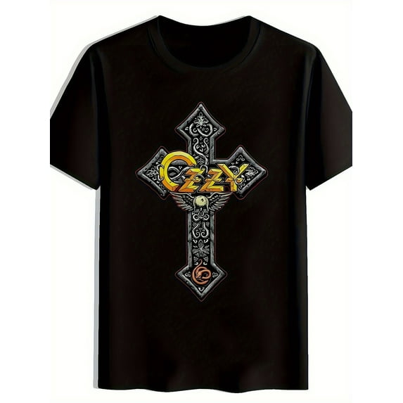 Breathable Summer Tee with Vintage Cross & Lettering Design, Casual Streetwear for Concerts, Festivals, Birthdays & Holidays, Rock Band T Shirts, Festival Attire, Comfortable Cotton