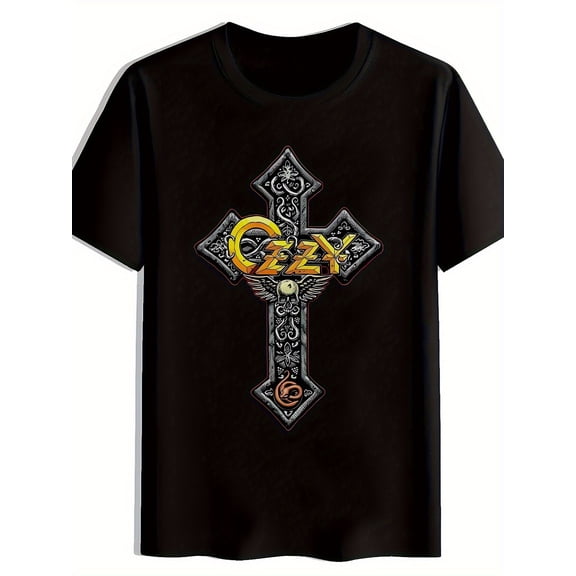 Breathable Summer Tee with Vintage Cross & Lettering Design, Casual Streetwear for Concerts, Festivals, Birthdays & Holidays, Rock Band T Shirts, Festival Attire, Comfortable Cotton