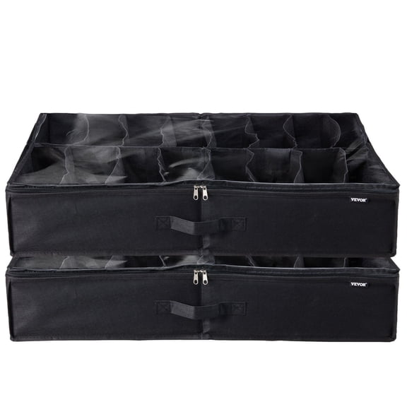 Breathable Under Bed Shoe Storage Organizer, 32 Compartments, Set of 2, Clear Window, Black, Space-Saving Design