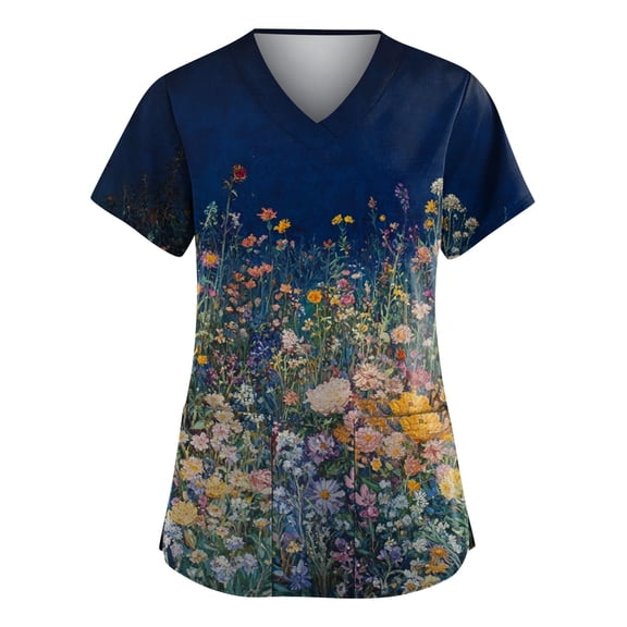 Breathable Vintage Scrub Tops With Pockets, Polyester-Spandex Workwear Scrubs Loose Fit Shirts For Nurses Colourful Floral Print Printed Women Dress Dresses Summer 2025 Blue
