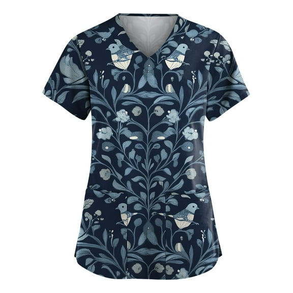 Breathable Vintage Scrub Tops With Pockets, Polyester-Spandex Workwear Scrubs Loose Fit Shirts For Nurses Colourful Floral Print Printed Women Dress Dresses Summer 2025 Blue