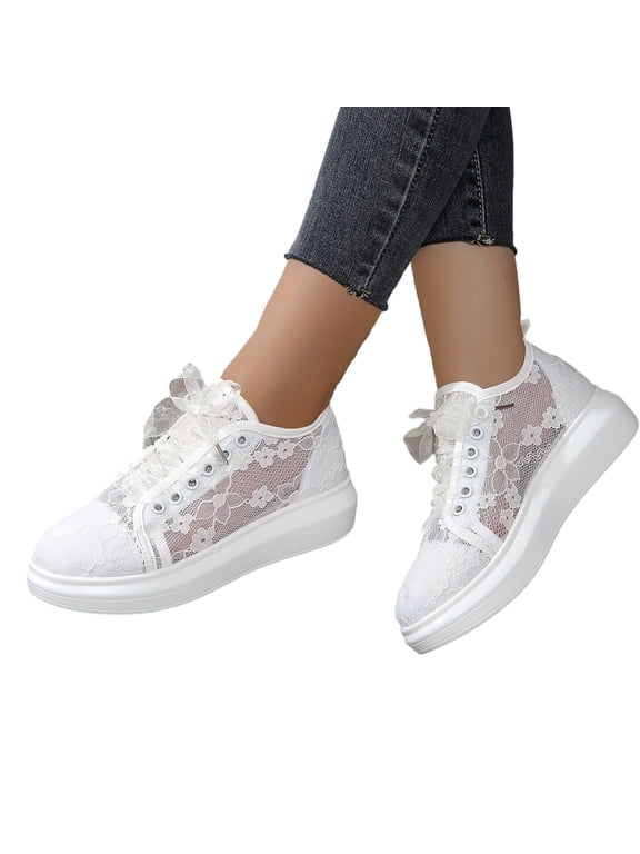 Breathable Walking Shoes, Woman Lace Sneakers Fashion Mesh Low Cut Canvas Shoes Lace Crochet Lace Up Walking Running Tennis Shoes Lightweight Breathable Flat Wedding Shoes Bridal Sneakers, White 6