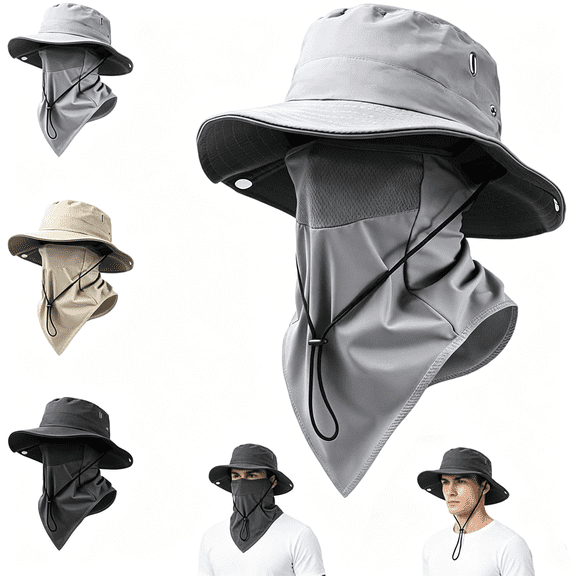 Breathable Wide Brim Sun Hat with Detachable Face and Neck Flap, Fisherman Hat Adjustable Unisex Outdoor Hat for Hiking, Fishing and Camping