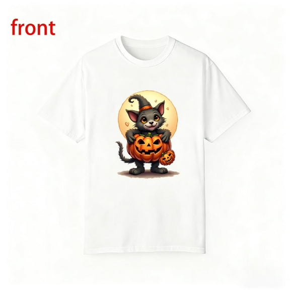 Breathable Witch Cat Tee Minimalist Halloween Graphic Short Sleeve Round Neck Top Elegant White S-5XL