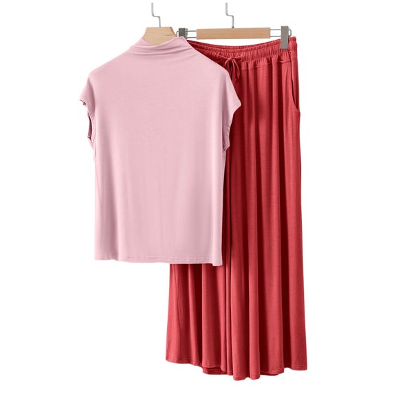 Breathable Women's Solid Color Modal Pajama Set Loose V-Neck Short Sleeve Long Pants Soft for Bedroom Summer Lounge Casual Use Red XXL
