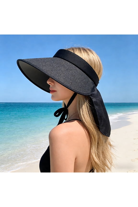 Breathable Woven Wide‑Brim Sun Visor with Neck Shade, Large Brim for Full Face & Neck UV Protection, Adjustable Tie‑Back Design for Wind Resistance
