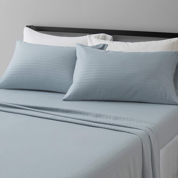 Breathable Wrinkle Resistant Brushed Microfiber Polyester Bed Sheets, 4-Piece, Full, Spa Blue Striped