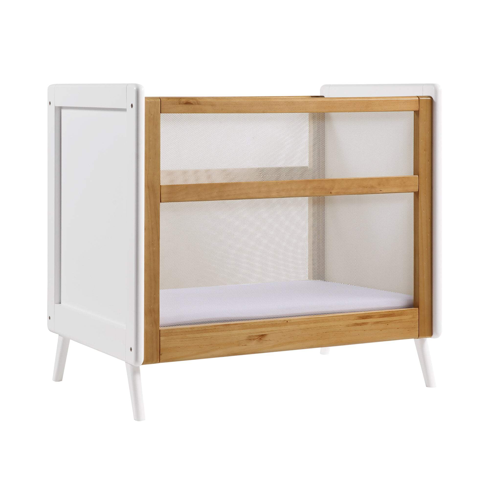 Beech and White Mesh Mini Crib with Waterproof Mattress