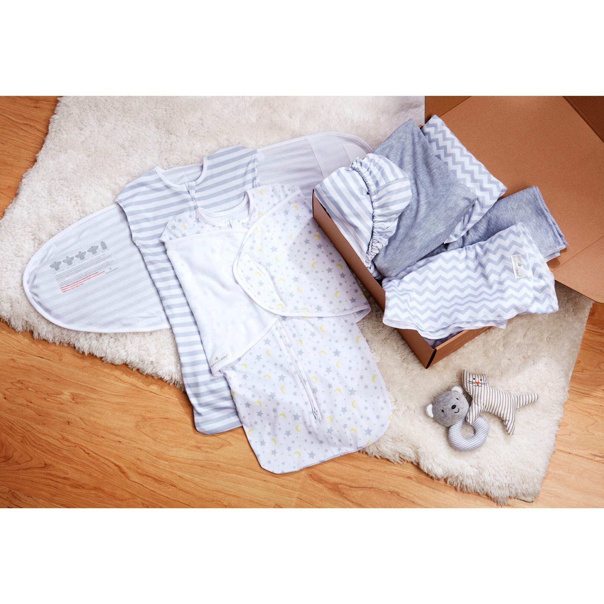 BreathableBaby 7-Piece Baby Gift Set Collection in Gray/White, Gender Neutral, Perfect Shower Gift, 2 Adjustable Swaddle Trios 3-in-1 (arms-up, arms-Down, arms-Out), 2 Swaddle Blankets, 3 Crib Sheets