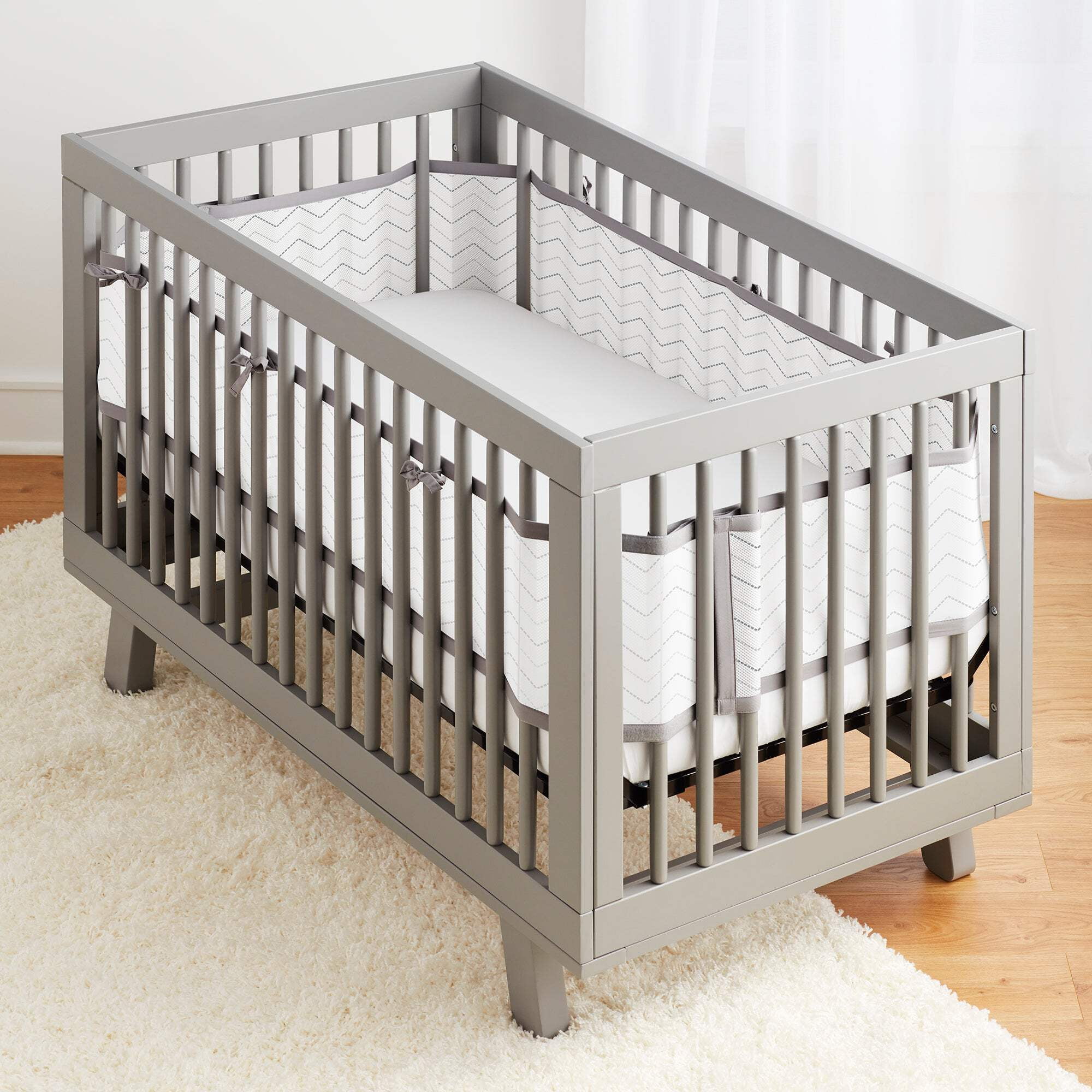BreathableBaby Breathable Mesh Crib Liner Classic Collection Gray Chevron Fits Full Size Four Sided Slatted and Solid Back Cribs Anti Bumper