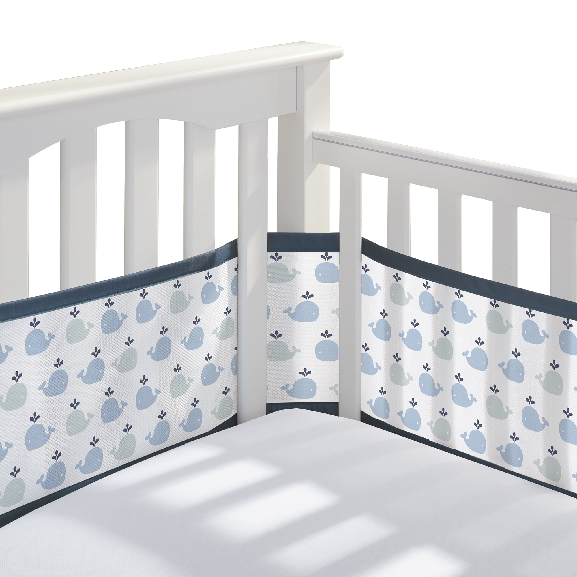 BreathableBaby Breathable Mesh Liner for Full-Size Cribs, Classic 3mm Mesh,  Little Whale Navy (Size 4FS Covers 3 or 4 Sides)