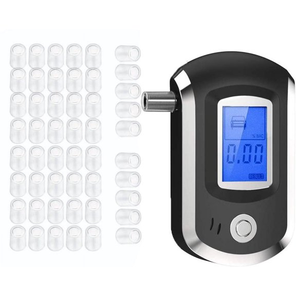 Breathalyzer, Personal Alcohol Tester with 50 Mouthpieces, Professional-Grade Accuracy Portable BAC Tester with Blue Backlight LCD Screen Sound Alarm Digital Home Use Black