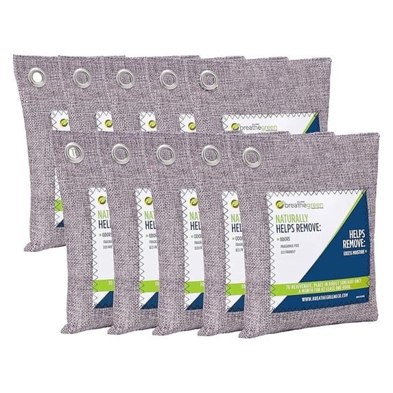 Breathe Green Charcoal Odor Bags (10-Pack) | Activated Bamboo Charcoal Deodorizer | Natural Freshener Removes Odor &Moisture | Odor for Car, Closet, Bathroom, Gym Bag, Shoes