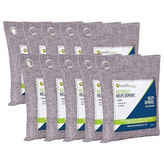 Breathe Green Charcoal Odor Bags (10-Pack) | Activated Bamboo Charcoal Deodorizer | Natural Freshener Removes Odor &Moisture | Odor for Car, Closet, Bathroom, Gym Bag, Shoes Grey