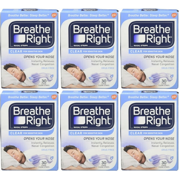 Breathe Right Clear Nasal Strips, Clear, Large, 30 Ct (6 Pack) (Bundle)