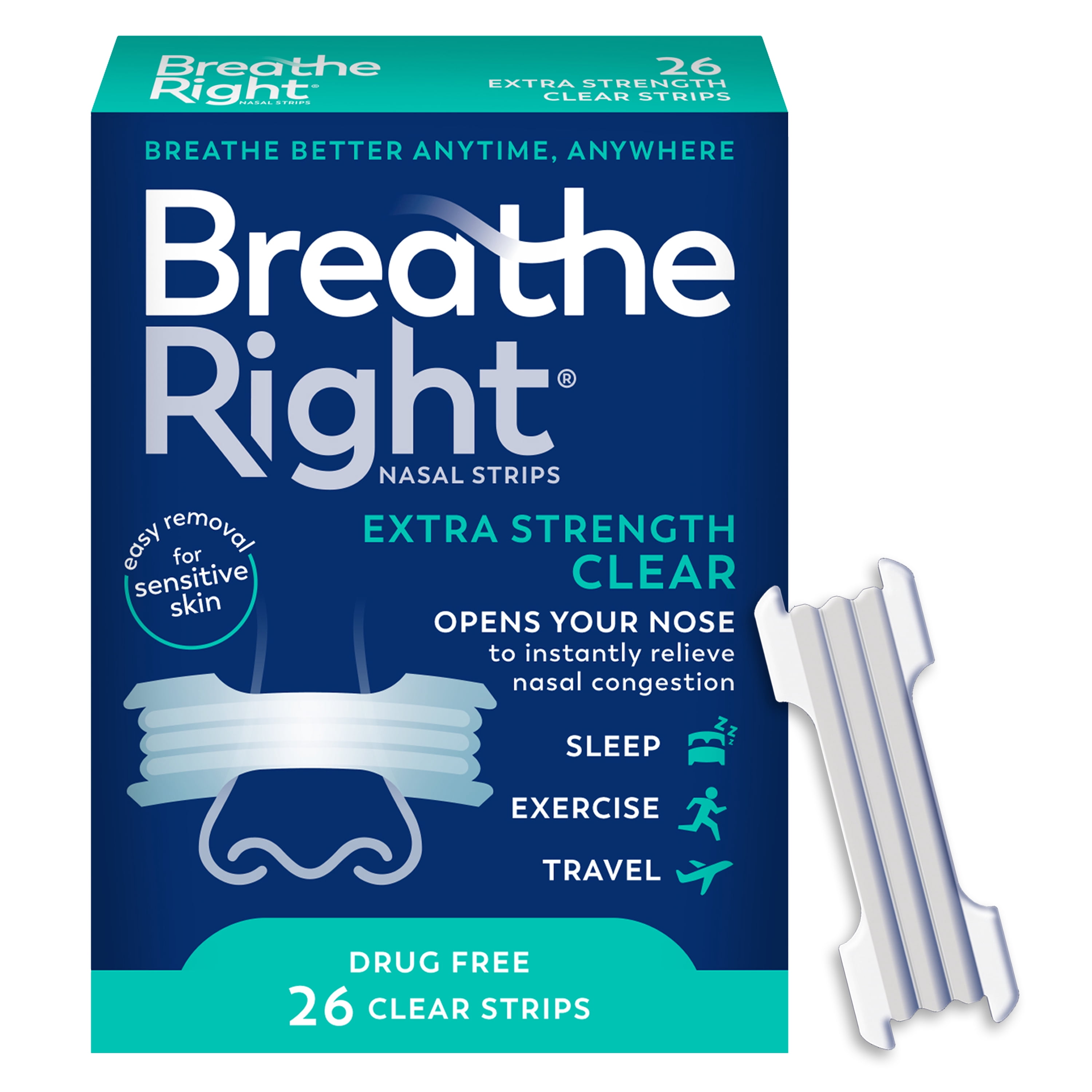 Breathe Right Nasal Strips, Clear Nasal Strips, Extra Strength, For Sensitive Skin, 26 Count