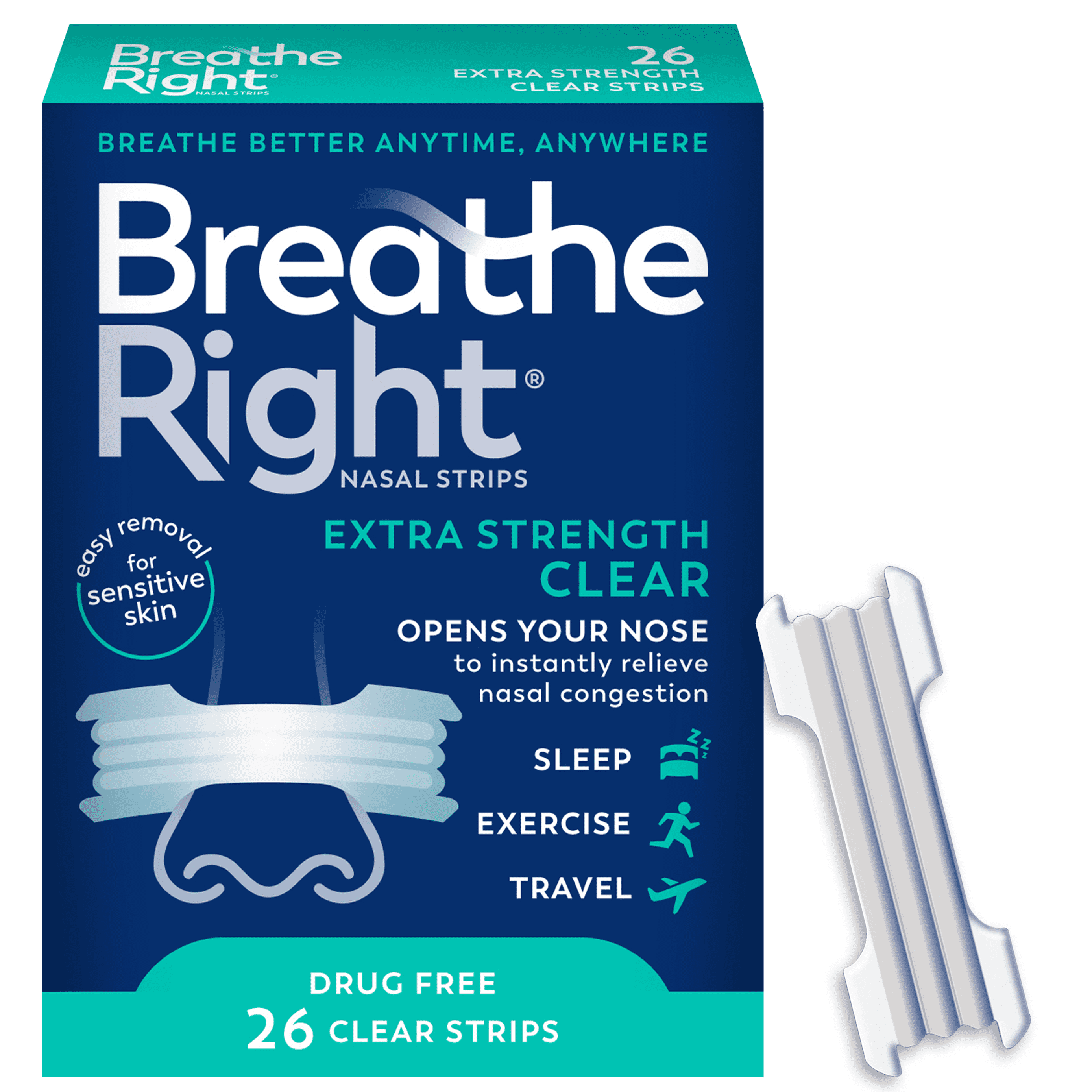 Breathe Right Extra Strength Nasal Strips, Clear, For Sensitive Skin, 26 Count