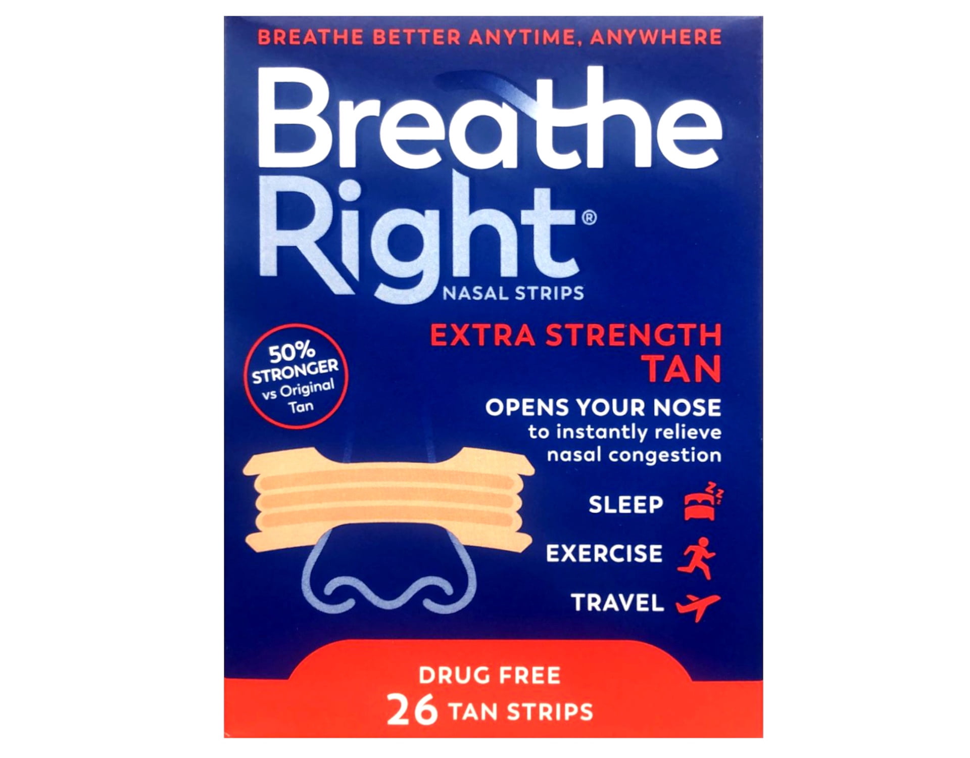 Breathe Right Extra Strength Nasal Strips for Drug-Free Congestion Relief, Tan, 26 Count - Pack of 2