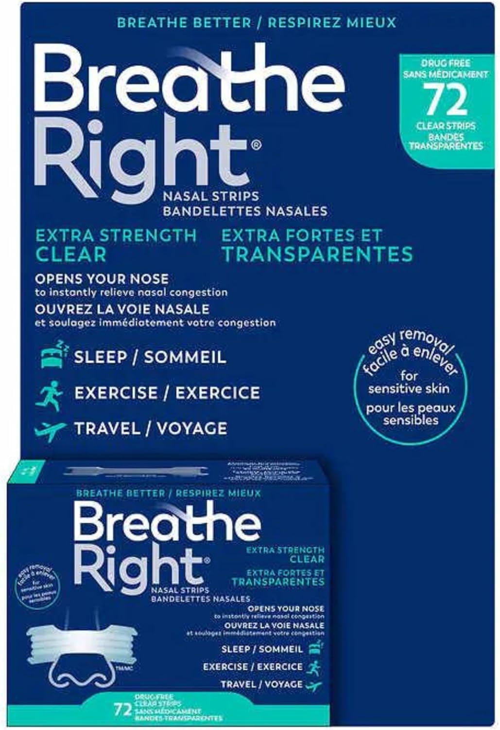 Breathe Right Extra Strength Nasal Strips for Sensitive Skin - 72 Clear Strips